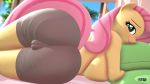  16:9 3d_(artwork) anthro anthroponiessfm big_breasts big_butt blush bottomwear breasts butt butt_pose camel_toe clothing digital_media_(artwork) equid equine female fluttershy_(mlp) friendship_is_magic fur hair hi_res looking_at_viewer looking_back lying mammal my_little_pony pillow pink_hair pose pterippus shorts solo tight_bottomwear tight_clothing tight_shorts widescreen window wings yellow_body yellow_fur 