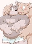  2018 anthro belly blush bodily_fluids bulge clothing duo hug hugging_from_behind kemono male male/male mammal meg_hoi moobs overweight overweight_male simple_background sweat tongue tongue_out underwear ursid white_background 