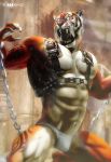  5_fingers anthro biped borotamago bound bulge chain clothing fangs felid fingers hi_res male mammal multicolored_body muscular navel open_mouth orange_body pantherine sabertooth_(anatomy) shackles solo tiger tongue two_tone_body underwear white_body 