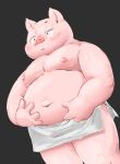  2018 anthro balls barely_visible_balls barely_visible_genitalia belly blush domestic_pig genitals humanoid_hands kemono male mammal meg_hoi moobs navel nipples overweight overweight_male simple_background solo suid suina sus_(pig) towel 