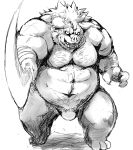  2019 absurd_res anthro belly bulge clothing hachirouta hi_res humanoid_hands male mammal melee_weapon moobs musclegut nipples overweight overweight_male simple_background solo suid suina sus_(pig) sword underwear weapon white_background wild_boar 