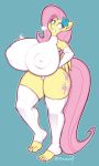  0r0ch1 anthro big_breasts breasts equid equine female fluttershy_(mlp) friendship_is_magic hand_on_hip huge_breasts mammal my_little_pony nipple_outline pterippus solo thick_thighs wide_hips wings 