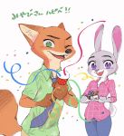  2019 anthro bibio bottomwear canid canine clothed clothing confetti disney duo fox fully_clothed fur green_eyes grey_body grey_fur hi_res japanese_text judy_hopps lagomorph leporid mammal necktie nick_wilde one_eye_closed open_mouth open_smile orange_body orange_fur pants party_popper purple_eyes rabbit red_fox shirt simple_background smile text topwear white_background wink zootopia 