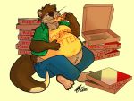  anthro belly big_belly blush brown_body brown_fur claws clothed clothing eating eyes_closed eyewear food fur glasses hand_on_stomach hi_res holding_food holding_object lutrine male mammal midriff moobs mustelid obese obese_male overweight overweight_male pizza raccoonkind sitting smile solo toe_claws weight_gain 
