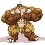  4_toes anthro big_muscles black_hair blush bobert bodily_fluids claws fangs hair hi_res huge_muscles hyaenid hyper hyper_muscles looking_at_viewer male mammal muscular nude sabertooth_(disambiguation) simple_background solo sweat toes white_background 