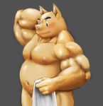  2017 anthro belly blush humanoid_hands kemono male mammal meg_hoi moobs musclegut navel nipples overweight overweight_male simple_background solo suid suina sus_(pig) towel wild_boar 