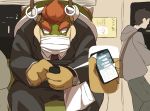  2020 anthro bottomwear bowser business_suit clock clothing detailed_background facemask hi_res hoodie human japanese_text kemono koopa male mammal mario_bros necktie nintendo overweight pants phone reptile scalie shirt sitting suit text topwear video_games watch wristwatch yoshizaurusu_n 