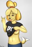  animal_crossing anthro breasts brown_eyes canid canine canis clothed clothing clothing_lift domestic_dog female flashing flashing_breasts fur grey_background hair hi_res isabelle_(animal_crossing) kingdorkster looking_at_viewer mammal nintendo nipples shih_tzu shirt shirt_lift simple_background smile solo standing tongue tongue_out topwear toy_dog video_games yellow_body yellow_fur 
