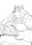  2016 anthro apron belly canid canine clothing disney food fox gideon_grey hachirouta kemono male mammal overweight overweight_male pie shirt simple_background solo topwear zootopia 