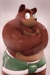  2018 anthro belly blush brown_body brown_fur bulge canid canine canis clothing domestic_dog fur humanoid_hands kemono male mammal meg_hoi overweight overweight_male simple_background solo underwear 