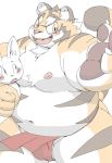  2016 anthro asian_clothing belly blush clothing duo east_asian_clothing felid fundoshi hug humanoid_hands japanese_clothing lagomorph leporid male mammal meg_hoi moobs navel nipples overweight overweight_male pantherine rabbit simple_background tiger underwear white_background 