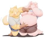  2018 anthro belly blush bottomwear canid canine canis clothing domestic_dog domestic_pig duo humanoid_hands kemono male mammal meg_hoi moobs navel nipples overweight overweight_male shirt shorts simple_background suid suina sus_(pig) topwear white_background 