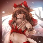  accessory alternate_species anthro blush brown_hair canid canine canis clothed clothing domestic_dog female fur furrification hair hair_accessory hair_bow hair_ribbon hawthorn hi_res kemono mammal navel open_mouth pawpads red_bow reimu_hakurei ribbons solo touhou video_games white_body white_fur 