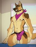  2020 animal_genitalia animal_penis anthro balls bulge canid canine canine_penis canis clothing domestic_dog erection genital_outline genitals jockstrap kihu knot male mammal muscular muscular_male navel neckchief nipples pecs penis penis_outline purple_clothing purple_underwear solo tenting underwear 