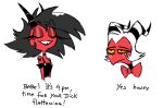  clothed clothing demon dick_flattening digital_media_(artwork) duo eyes_closed female g-h- hair helluva_boss horn humanoid imp male meme millie_(vivzmind) moxxie_(vivzmind) red_body red_skin ribbons simple_background smile text tired white_background yellow_sclera 