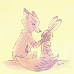  anthro bottomwear canid canine clothed clothing dipstick_ears disney duo fox fully_clothed fur hand_on_head judy_hopps lagomorph leporid mammal multicolored_ears nick_wilde pants rabbit red_fox shirt sitting srmy_nkjd7 topwear zootopia 