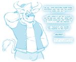  2020 anthro biped blue_and_white blue_text blush bodily_fluids bottomwear bovid bovine bulge bulls_(redrusker) cattle clothed clothing curved_horn dialogue digital_drawing_(artwork) digital_media_(artwork) embarrassed english_text eyebrows front_view fur hair hand_behind_head hand_in_pocket head_tuft hi_res horn looking_away male mammal monochrome nervous pants pockets redrusker shirt short_hair shy simple_background sketch solo standing sweat tail_tuft talking_to_viewer text thin_tail topwear tuft white_background 