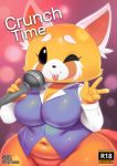  2020 ;p aggressive_retsuko ailurid anthro big_breasts blush bottomless breasts cleavage clothed clothing convenient_censorship english_text female fur gesture hi_res looking_at_viewer mammal microphone one_eye_closed red_panda retsuko sanrio smile solo sssonic2 standing text thick_thighs tongue tongue_out topwear v_sign wide_hips wink 