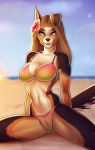  2020 anthro beach brown_eyes brown_hair camel_toe canid canine canis catherinemeow day detailed_background digital_media_(artwork) domestic_dog eyebrows eyelashes female hair hi_res mammal midriff navel outside sand seaside shoreline sky smile solo water 