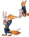  2020 anthro barefoot bottomwear brown_body brown_fur canid canine carrying clothing disney duo fox fur grey_body grey_fur hi_res judy_hopps lagomorph leporid looking_at_another mammal monmokamoko multiple_positions necktie nick_wilde open_mouth open_smile pants police_uniform rabbit red_fox shirt smile standing topwear uniform zootopia 