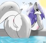  anthro anus bent_over big_butt breasts butt canid canine canis darkwolfhybrid domestic_dog female genitals hi_res looking_back mammal presenting presenting_anus presenting_pussy pussy raised_tail side_boob solo swimming_pool water wolf wolfie_(darkwolf) 
