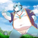  2020 96panda 96panda_hk absurd_res anthro asian_clothing blue_body blue_fur blush bonasiah bulge clothing duo east_asian_clothing full_attack fundoshi fur hi_res humanoid_hands japanese_clothing kemono male mammal moobs outside overweight overweight_male robe underwear ursid white_body white_fur young 十泉介 十泉浩 