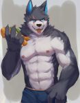  abs anthro biceps blue_eyes bodily_fluids bulge canid canine canis claws clothed clothing ear_piercing ear_ring eye_scar food fur grey_background grey_body grey_fur half-closed_eyes half-length_portrait head_tuft hi_res holding_food holding_object hot_dog kemono looking_at_viewer male mammal midriff multicolored_body multicolored_fur muscular muscular_male narrowed_eyes navel neck_tuft nekojita nipple_piercing nipple_ring nipples paws pecs piercing portrait saliva scar simple_background smile solo standing swimming_trunks swimwear teeth tongue tongue_out topless tuft two_tone_body two_tone_fur white_body white_fur wolf 