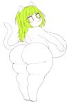  amad_no_moto anthro big_breasts big_butt blush breasts butt domestic_cat felid feline felis female fur green_eyes green_hair hair hi_res huge_breasts huge_butt mammal short_stack simple_background solo white_body white_fur 