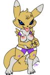  2020 anthro bottomwear breasts canid canine claws clothing digimon digimon_(species) fan_character female fox furball impmon mammal nipples renamon renimpmon shorts solo toe_claws tongue tongue_out 