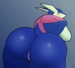  2020 amphibian anthro big_butt blue_body blush breasts butt embarrassed female genitals greninja hi_res hoodie_stalker huge_butt long_tongue looking_back nintendo pok&eacute;mon pok&eacute;mon_(species) presenting pussy red_eyes side_boob simple_background solo thick_thighs tongue video_games 