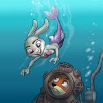  alternate_species anthro bubble buckteeth canid canine disney diving_suit duo fox fur green_eyes hybrid judy_hopps lagomorph leporid looking_at_another looking_up mammal marine merfolk nick_wilde open_mouth open_smile purple_eyes rabbit red_fox scut_tail smile teeth tony_helms underwater water zootopia 