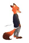  2017 anthro barefoot biped canid canine clothing disney fox fur green_eyes hi_res looking_at_viewer looking_back male mammal nick_wilde simple_background solo srmy_nkjd7 white_background zootopia 