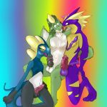  &lt;3 amped_toxtricity anthro balls blue_body blue_eyes bodily_fluids cum dragon erection face_lick fey_art genital_fluids genitals green_body grey_eyes group hi_res inteleon licking long_tongue male male/male nintendo nude oral penis pok&eacute;mon pok&eacute;mon_(species) purple_body rainbow_background saliva sex shorty simple_background smile tongue tongue_out tonguejob toxtricity video_games wings yellow_eyes 