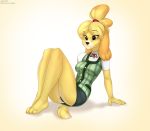  2020 absurd_res animal_crossing anthro black_eyes blush breasts butt canid canine canis clothed clothing domestic_dog female fur hair half-closed_eyes hi_res isabelle_(animal_crossing) mammal narrowed_eyes nintendo shih_tzu simple_background sitting solo sukiskuki toy_dog video_games yellow_body yellow_fur 