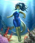  2020 4_toes 5_fingers absurd_res anthro barefoot clothing detailed_background dragon eyebrows eyelashes female fingers hi_res horn marine mykegreywolf smile solo swimwear toes underwater water wingless_dragon 