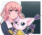  black_nose blue_eyes carrying celery_face claws clothing digimon digimon_(species) eyebrow_through_hair eyebrows felid feline fingers gatomon gloves hair handwear hi_res human mammal markings pink_eyes pink_hair semi-anthro signature simple_background smile tail_ring translucent translucent_hair whiskers white_background 