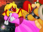  2020 alternate_species anthro blonde_hair bowser clothing dracojeff dragon dress duo female hair horn implied_transformation koopa mario_bros membrane_(anatomy) membranous_wings nintendo princess_peach red_body scalie scepter smile surprise video_games wings yellow_body 