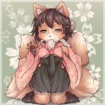  4_fingers border canid canine clothed clothing female fingers fox fur fur_tuft hair heo_(artist) kneeling looking_at_viewer mammal multi_tail solo tuft 