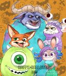  2016 amarimo anthro bovid bovine canid canine cape_buffalo celia cheek_tuft chief_bogo crossover disney facial_tuft fennec finnick fox fur grey_body grey_fur group halloween_costume horn judy_hopps lagomorph leporid mammal mike_wazowski monsters_inc nick_wilde open_mouth orange_body orange_fur pixar rabbit red_fox smile tan_body tan_fur tuft zootopia 