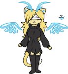  alpha_channel anthro bandaged_eyes big_breasts blue_body blue_skin breasts clothing domestic_cat felid feline felis female fur hair honeybubblegum jelly_horns mammal paws reference_image simple_background solo sweater_dress text transparent_background wings yellow_body yellow_fur 