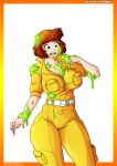  absurd_res april_o&#039;neil big_breasts breasts clothing female hair hi_res human human_only jumpsuit mammal not_furry short_hair simple_background slime solo surprise teenage_mutant_ninja_turtles white_background witchking00 