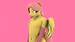  3d_(artwork) anthro armwear blue_eyes blush clothing condom crossgender digital_media_(artwork) elbow_gloves equid equine fluttershy_(mlp) friendship_is_magic ftm_crossgender gildedbonexfm gloves hair handwear hi_res male mammal my_little_pony pink_background pink_hair pterippus sexual_barrier_device simple_background solo source_filmmaker wings 