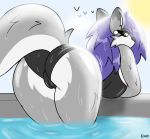  anthro bent_over big_butt breasts butt camel_toe canid canine canis clothing darkwolfhybrid domestic_dog female hi_res looking_back mammal raised_tail side_boob solo swimming_pool swimwear water wolf wolfie_(darkwolf) 