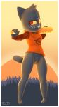  3d_(artwork) 9:16 anthro baseball_bat bat_(object) blue_body blue_fur bottomless clothed clothing digital_media_(artwork) domestic_cat dreamworks_face felid feline felis female forest fur genitals hi_res mae_borowski mammal night_in_the_woods owo_sfm paws pussy red_eyes shirt smile smirk solo source_filmmaker sunset t-shirt topwear tree video_games 