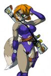  2007 altruistic_complex anthro ayame_(zillford) belt black_nose blonde_hair breasts cleavage clothed clothing eyebrows eyelashes female fluffy fluffy_tail fur green_hair gun hair looking_away mammal navel procyonid raccoon ranged_weapon rifle simple_background sniper_rifle solo traditional_media_(artwork) weapon white_background zillford 