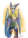  2020 anthro blue_body bottomwear brown_eyes clothed clothing dragon enginetrap female fully_clothed horn looking_at_viewer membrane_(anatomy) membranous_wings scalie shirt shorts skateboard smile solo standing syl_(enginetrap) t-shirt topwear western_dragon wings 