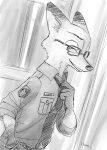  2017 anthro canid canine clothed clothing disney eyewear fox fully_clothed fur glasses hi_res male mammal monochrome necktie nick_wilde police_uniform shirt solo srmy_nkjd7 topwear uniform zootopia 