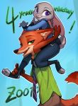  2020 absurd_res anthro blue_background bottomwear canid canine carrying clothing disney duo english_text fox fur green_eyes grey_body grey_fur hi_res inner_ear_fluff judy_hopps lagomorph landypommel leporid mammal necktie nick_wilde on_shoulders open_mouth open_smile orange_body orange_fur pants purple_eyes rabbit red_fox shirt simple_background smile text toeless_legwear topwear tuft zootopia 