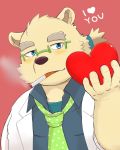  &lt;3 2020 anthro blue_eyes blush clothing eyewear glasses hi_res humanoid_hands kemono kemonosato leib_(tas) male mammal necktie polar_bear shirt slightly_chubby smoking solo text tokyo_afterschool_summoners topwear ursid ursine video_games 