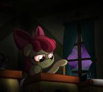  2014 apple_bloom_(mlp) blood bodily_fluids cel_shading classroom corner cracked_windows creepy crown curtains_open dark desk detailed detailed_background digital_media_(artwork) english_text equid equine female feral friendship_is_magic fur furniture glowing glowing_eyes haunted hi_res hidden_text holding_pen horse inside light looking_down mammal mane moonlight my_little_pony night_sky ominous orange_eyes pink_bow pony purple_sky red_mane school scissors signature sitting slitherpon smile solo text tiara wall_(disambiguation) yellow_body yellow_fur 